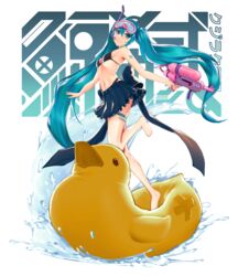  aqua_eyes aqua_hair bare_arms bare_legs bare_shoulders barefoot bikini black_bikini black_skirt breasts diving_mask female goggles hair_between_eyes hatsune_miku highres holding holding_water_gun inflatable_duck inflatable_toy jingshi long_hair miniskirt navel pleated_skirt rubber_duck skirt small_breasts snorkel solo stomach swimsuit thigh_strap thighs twintails very_long_hair vocaloid water water_gun white_background 