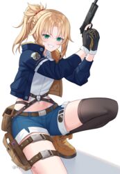  absurdres alternate_costume black_gloves black_thighhighs blonde_hair blue_jacket boots brown_footwear commentary commission cosplay crop_top denim denim_shorts fate/apocrypha fate_(series) female fur-trimmed_jacket fur_trim girls&#039;_frontline gloves green_eyes grin grizzly_mkv_(girls&#039;_frontline) grizzly_mkv_(girls&#039;_frontline)_(cosplay) gun handgun highres holding holding_gun holding_weapon jacket long_hair looking_at_viewer mordred_(fate) mordred_(fate/apocrypha) navel open_clothes open_jacket partially_fingerless_gloves ponytail rynzfrancis shirt short_shorts shorts simple_background smile solo thighhighs thighs weapon white_background white_shirt 