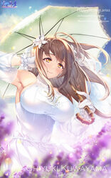  ahoge backless_dress backless_outfit bare_shoulders blurry blurry_foreground breasts brown_eyes brown_hair character_name cleavage closed_mouth detached_sleeves dress english_text female flower glasses gloves hair_flower hair_ornament halter_dress halterneck happy_birthday highres hozumi_kaoru idolmaster idolmaster_shiny_colors kuwayama_chiyuki lace_trim large_breasts long_hair looking_at_viewer orange_eyes see-through see-through_cleavage sideboob sleeveless sleeveless_dress smile solo tareme tight_clothes tight_dress turtleneck turtleneck_dress umbrella wedding_dress white_dress wind 