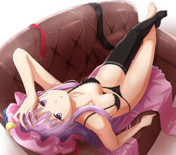  bare_arms bare_shoulders black_bra black_panties black_thighhighs bra breasts couch crescent crescent_hat_ornament female full_body hat hat_ornament long_hair looking_at_viewer lying medium_breasts mob_cap on_back panties patchouli_knowledge pink_hat purple_eyes purple_hair ram_hachimin single_thighhigh solo thighhighs touhou underwear underwear_only 