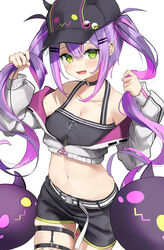  absurdres akiki_(kiki) badge baseball_cap belt bibi_(tokoyami_towa) black_hat black_shorts breasts button_badge choker cleavage collarbone colored_inner_hair cowboy_shot crop_top cropped_jacket demon demon_girl ear_piercing earrings female green_eyes hair_ornament hairclip hat highres holding holding_own_hair hololive jewelry long_hair looking_at_viewer midriff multicolored_hair navel oerba_yun_fang off_shoulder open_mouth piercing pink_hair purple_hair shorts small_breasts solo streaked_hair tank_top thigh_strap tokoyami_towa tokoyami_towa_(1st_costume) twintails two-tone_hair very_long_hair virtual_youtuber white_belt 