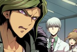  2boys brown_hair closed_mouth commentary_request danganronpa_(series) danganronpa_3_(anime) dark-skinned_male dark_skin female formal frown green_eyes high_ponytail indoors lab_coat long_hair looking_at_viewer male_focus multiple_boys munakata_kyousuke necktie open_mouth purple_eyes sakakura_juuzou scrunchie shirt suit sweatdrop youko-shima yukizome_chisa 