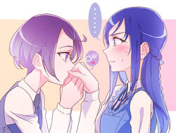  ... 2girls bangs blue_eyes blue_hair blue_ribbon blush braid collared_shirt crown_braid dokidoki!_precure embarrassed eye_contact from_side grey_neckwear hair_ornament hairclip hand_kiss heart hishikawa_rikka kenzaki_makoto kissing long_hair long_sleeves looking_at_another multiple_girls neck_ribbon necktie negom precure purple_eyes purple_hair ribbon shiny shiny_hair shirt short_hair speech_bubble sweatdrop swept_bangs upper_body vest white_shirt wing_collar yuri 