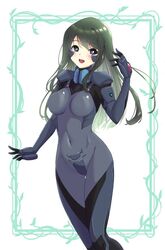  :d blush border commission covered_navel female fortified_suit green_border green_hair head_tilt impossible_clothes kamon_rider kazama_touko looking_to_the_side muv-luv muv-luv_alternative muv-luv_alternative_(anime) open_mouth pilot_suit purple_eyes science_fiction skeb_commission skin_tight smile solo white_background 