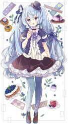  :d absurdres asymmetrical_legwear black_hat black_skirt blue_eyes blue_hair blue_jacket blue_ribbon blue_thighhighs blueberry blueberry_tart boots brown_footwear cake cheesecake commentary cream_puff cup female food frilled_skirt frills fruit fruit_background fruit_tart full_body glass_teacup hair_between_eyes hair_ribbon hand_up hat head_tilt highres jacket long_hair looking_at_viewer mini_hat mismatched_legwear mousse_(food) original pastry pleated_skirt ribbon shirt short_sleeves skirt smile solo standing tart_(food) tea teacup thighhighs tilted_headwear tsukiyo_(skymint) twintails very_long_hair white_background white_shirt yogurt 