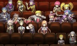  6+boys 6+girls :d ^_^ backpack bag black_hair blonde_hair blue_eyes bow braid breasts brown_hair checkered_clothes checkered_necktie cleavage closed_eyes commentary_request crossed_arms danganronpa_(series) danganronpa_2:_goodbye_despair danganronpa_3_(anime) dark_skin drinking eating everyone finger_to_mouth flipped_hair food freckles galaga glasses green_eyes grey_hair hair_ornament hair_ribbon hanamura_teruteru high_ponytail hinata_hajime hood hoodie hope&#039;s_peak_academy_school_uniform japanese_clothes koizumi_mahiru komaeda_nagito kuzuryu_fuyuhiko lip_piercing long_hair maid medium_breasts mioda_ibuki mole movie_theater multicolored_hair multiple_boys multiple_girls nanami_chiaki necktie nidai_nekomaru nose_bubble open_mouth orange_hair owari_akane pekoyama_peko piercing popcorn purple_eyes purple_hair red_eyes red_hair ribbon saionji_hiyoko school_uniform short_hair sleeping smile soda_kazuichi sonia_nevermind sweatdrop tanaka_gundham tearing_up theater togami_byakuya_(danganronpa_2) tsumiki_mikan twin_braids twintails yellow_eyes youko-shima yukizome_chisa 