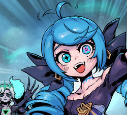  1boy :d ahoge bare_shoulders black_bow black_jacket blue_eyes blue_hair blush bow breasts collarbone commentary dress drill_hair eulogy_of_the_isles female ghost gradient_background green_background grey_hair gwen_(league_of_legends) hairbow jacket league_of_legends long_hair medium_hair off-shoulder_dress off_shoulder open_clothes open_jacket phantom_ix_row short_sleeves small_breasts smile symbol-only_commentary teeth tongue twin_drills twintails upper_teeth_only viego_(league_of_legends) 