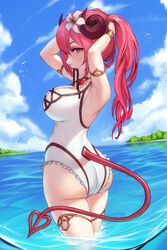  adjusting_hair armlet armpits arms_behind_head arms_up ass bad_id bad_pixiv_id blue_sky bracelet breasts cloud commentary cross-laced_clothes cross-laced_one-piece_swimsuit day demon_girl demon_horns demon_tail female flower flower_request frilled_one-piece_swimsuit frills from_side gem hair_flower hair_ornament hair_tie_in_mouth hand_in_own_hair hands_in_hair highres horns io_(princess_connect!) io_(summer)_(princess_connect!) jewelry large_breasts lerio_(leriodraws) long_hair looking_at_viewer mouth_hold ocean one-piece_swimsuit outdoors pink_hair ponytail princess_connect! profile red_eyes red_hair sky solo striped swimsuit tail thighlet tying_hair wading water white_flower white_one-piece_swimsuit 