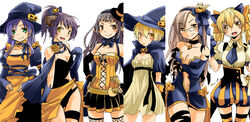  6+girls alternate_costume apron asymmetrical_hair black-framed_eyewear black_bow black_bowtie black_dress black_gloves black_hair black_headwear black_legwear black_leotard black_necktie black_skirt blonde_hair blossom_(ragnarok_online) bow bowtie breasts brooch brown_dress brown_eyes brown_hair brown_shirt choker cleavage cleavage_cutout closed_mouth clothing_cutout collared_shirt column_lineup commentary_request cowboy_shot crescent crescent_pin cross-laced_clothes cross-laced_top curly_sue dress elbow_gloves fingerless_gloves fishnets frilled_apron frills gem glasses gloves green_eyes hairbow halloween hat high_ponytail horns jack-o&#039;-lantern_hat_ornament jasmine_(ragnarok_online) jewelry juliet_sleeves kiri_nada leilah_(ragnarok_online) leotard long_hair long_sleeves looking_at_viewer maid_apron medium_breasts medium_hair miniskirt multiple_girls necktie open_mouth orange_apron pavianne_(ragnarok_online) pleated_skirt ponytail puffy_short_sleeves puffy_sleeves purple_hair ragnarok_online roxie_(ragnarok_online) shirt short_dress short_hair short_sleeves simple_background skirt smile strapless strapless_dress strapless_shirt thighhighs twintails white_background witch witch_hat yellow_eyes 