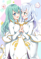  2girls absurdres alice_carroll anya_dostoyevskaya aria_(manga) aria_the_avvenire ascot bananatsukis black_legwear blush breast_press breasts capelet clothing_cutout dress embarrassed eye_contact face-to-face full_body green_hair grey_hair heart highres holding_hands interlocked_fingers long_dress long_hair looking_at_another looking_at_viewer multiple_girls no_headwear orange_planet_uniform pantyhose side_slit symmetrical_docking thought_bubble white_dress yellow_ascot 