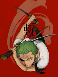  1boy anger_vein bad_anatomy bad_arm dual_wielding earrings from_above green_hair holding holding_sword holding_weapon jewelry katana male_focus nekome3 one_piece red_background roronoa_zoro shading_eyes short_sleeves solo sword weapon 