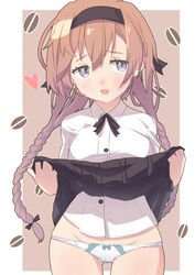  black_hairband black_skirt blue_eyes blush border braid brown_hair buttons clothes_lift collared_shirt cowboy_shot female groin hair_between_eyes hairband heart kantai_collection lifting_own_clothes long_hair long_sleeves open_mouth panties pleated_skirt sanninme_no_haru shirt skirt skirt_lift solo teruzuki_(kancolle) twin_braids underwear white_border white_panties white_shirt 