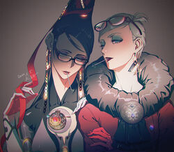  2girls amulet bad_id bad_twitter_id bayonetta bayonetta_(series) beehive_hairdo black-framed_eyewear black_hair blue_eyes candy chains collarbone crescent crossed_arms dated earrings eyeshadow eyewear_on_head food glasses gloves jeanne_(bayonetta) jewelry kara_namako lipstick lollipop long_hair looking_at_viewer looking_to_the_side makeup mole mole_under_mouth multiple_girls parted_lips partially_unzipped red-framed_eyewear ribbon short_hair signature upper_body very_short_hair white_hair zipper 