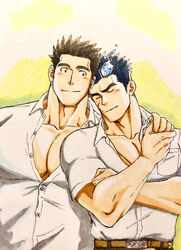  2boys alternate_pectoral_size bara belt blush brown_hair fiery_horns fle0423 hair_slicked_back head_on_another&#039;s_shoulder holding_hands horns large_pectorals leaning_on_person male_focus multiple_boys muscular muscular_male partially_unbuttoned pectoral_cleavage pectorals protagonist_3_(housamo) sakimori_toji shirt short_hair sideburns smile tokyo_afterschool_summoners upper_body white_shirt yaoi 