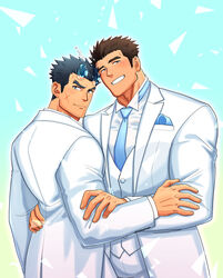  2boys absurdres alternate_costume aqua_necktie bara blue_hair blush brown_hair cross_scar fiery_horns fle0423 formal hair_slicked_back hand_on_another&#039;s_arm hand_on_another&#039;s_waist highres horns husband_and_husband male_focus multiple_boys muscular muscular_male necktie protagonist_3_(housamo) sakimori_toji scar short_hair sideburns smile suit tokyo_afterschool_summoners undershirt upper_body wedding white_suit yaoi 