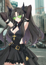  absurdres armpits arms_up belt belt_buckle black_hair blurry blurry_background breasts buckle changpan_hutao city cleavage commentary_request cowboy_shot earrings elbow_gloves fate/stay_night fate_(series) female gloves hair_between_eyes highres jewelry long_hair looking_at_viewer medium_breasts outdoors skirt sleeveless solo standing thighhighs tohsaka_rin 