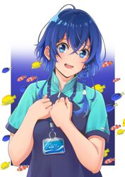  :o absurdres blue_eyes blue_hair braid clownfish female fish highres id_card lanyard matebashi misakino_kukuru regal_blue_tang shell_hair_ornament shiroi_suna_no_aquatope short_sleeves simple_background solo tropical_fish uniform upper_body yellow_tang 