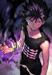  1boy aura bandaged_arm bandages black_hair black_shirt cowboy_shot facing_viewer fire flaming_hand glowing glowing_eye glowing_hand grin hiei_(yu_yu_hakusho) hungry_clicker male_focus parted_lips purple_fire red_eyes shirt short_hair sleeveless sleeveless_shirt smile smirk solo spiked_hair standing third_eye torn_clothes torn_shirt tsurime yu_yu_hakusho 