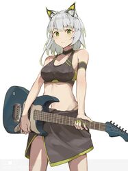  absurdres animal_ears arknights armband artist_name black_armband black_skirt black_sports_bra blush cat_ears chinese_commentary commentary electric_guitar female fender_mustang green_eyes green_hair green_nails grey_hair guitar highres instrument kal&#039;tsit_(arknights) looking_at_viewer medium_hair miniskirt multicolored_hair navel reisen13 simple_background skirt solo sports_bra two-tone_hair white_background 