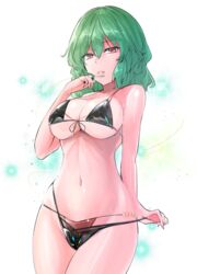  bare_arms bare_shoulders bikini black_bikini breasts commentary_request cowboy_shot female green_hair hair_between_eyes hand_up highres kazami_yuuka large_breasts looking_at_viewer navel parted_lips red_eyes short_hair solo standing stomach swimsuit thighs touhou white_background y2 