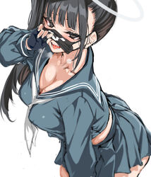  black_hair black_mask blue_archive blue_serafuku blunt_bangs blush breasts breath cle_masahiro cleavage collarbone cropped_shirt female fingerless_gloves gloves halo highres large_breasts leaning_forward long_sleeves looking_at_viewer mask mask_lift mask_pull mouth_mask neckerchief pleated_skirt school_uniform serafuku side_ponytail simple_background skirt solo sukeban_(smg)_(blue_archive) tongue tongue_out white_background white_neckerchief 