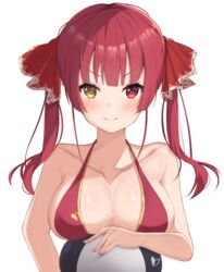  absurdres ball bare_arms bare_shoulders beachball blush breast_rest breasts cleavage closed_mouth collarbone female hair_ribbon heart heterochromia highres hololive houshou_marine houshou_marine_(summer) large_breasts long_hair looking_at_viewer nyuu_(pixiv12143565) red_eyes red_hair red_ribbon ribbon simple_background smug solo twintails upper_body v-shaped_eyebrows virtual_youtuber white_background yellow_eyes 