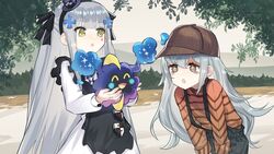  2girls aged_down brown_eyes chinese_commentary commentary_request cosmog crossover deerstalker g11_(girls&#039;_frontline) girls&#039;_frontline green_eyes grey_hair hat highres hk416_(black_kitty&#039;s_gift)_(girls&#039;_frontline) hk416_(girls&#039;_frontline) holding holding_pokemon jizhi_shaojiu looking_at_another mini_hat multiple_girls official_alternate_costume pokemon pokemon_(creature) suspenders 