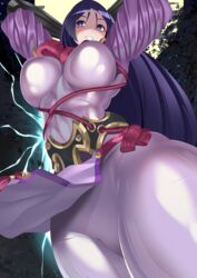  absurdres arms_behind_head arms_up black_gloves bodysuit breasts elbow_gloves fate/grand_order fate_(series) female from_below full_moon gloves highres large_breasts latex latex_bodysuit lightning long_hair looking_at_viewer minamoto_no_raikou_(fate) moon parted_bangs pelvic_curtain perspective purple_bodysuit purple_eyes purple_hair ribbed_sleeves rope shaded_face shiny_clothes skin_tight smile solo thighs very_long_hair volyz 