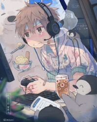  1boy absurdres animal_on_shoulder artist_name audio-technica bandaid bandaid_on_hand bear bird blue_headband blush brown_hair chair commentary computer_keyboard controller food game_controller headband headphones highres holding holding_controller holding_game_controller hood hoodie ice_cream ice_pack lolicon male_focus mouth_hold original penguin penguin_chick polar_bear sick sitting sleeves_rolled_up spoon sweat tea thermometer twitter_username umibatari 