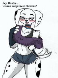  101_dalmatian_street 101_dalmatians 2023 anthro anthrofied canid canine canis choker dalmatian digital_media_(artwork) disney dolly_(101_dalmatians) domestic_dog english_text female hi_res jewelry mammal meme necklace pace-maker small_waist solo text thick_thighs until_it_snaps wide_hips 