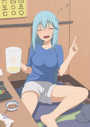  :d ^_^ alternate_costume aqua_(konosuba) blue_hair blue_shirt blush breasts chopsticks closed_eyes commentary contemporary drunk facing_viewer female food holding izakaya kono_subarashii_sekai_ni_shukufuku_wo! large_breasts legs long_hair no_panties open_mouth salpin shirt shorts sitting smile solo squeans teeth upper_teeth_only upshorts white_shorts 