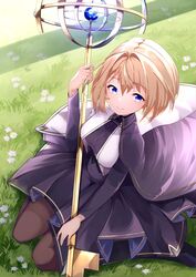  absurdres bad_id bad_pixiv_id blonde_hair blue_dress blue_eyes breasts closed_mouth day dress female from_above grass highres long_sleeves medium_breasts medium_dress original outdoors pantyhose risumi_(taka-fallcherryblossom) riu_(risumi) short_hair smile solo staff 