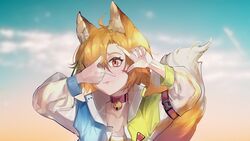  animal_ears bell blonde_hair blue_jacket cat_ears cat_girl cat_tail collar collarbone female green_jacket highres indie_virtual_youtuber jacket kitanya_nyanta multicolored_clothes multicolored_jacket neck_bell one_eye_covered portrait red_collar redmashu second-party_source solo tail virtual_youtuber 