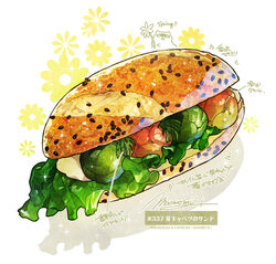  bread bread_bun food food_focus highres lettuce momiji_mao no_humans original pastry sesame_seeds signature simple_background sparkle still_life translation_request vegetable white_background 