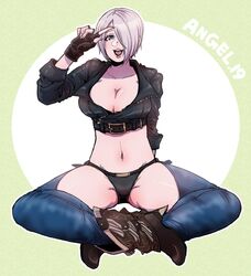  angel_(kof) backless_pants blue_eyes boots bra breasts chaps cleavage cowboy_boots crop_top cropped_jacket female fingerless_gloves gloves hair_over_one_eye hasuda_kunkun jacket large_breasts leather leather_jacket looking_at_viewer midriff navel pants short_hair sitting snk strapless strapless_bra the_king_of_fighters the_king_of_fighters_xiv toned underwear white_hair 