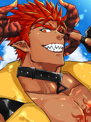  1boy bara belt_collar chest_tattoo collar curled_horns dark-skinned_male dark_skin demon_boy demon_horns fle0423 highres horns ifrit_(housamo) male_focus multiple_horns muscular muscular_male official_alternate_costume orange_eyes orange_hair pectoral_cleavage pectorals pointy_ears short_hair sideburns solo spiked_hair tattoo tokyo_afterschool_summoners upper_body 