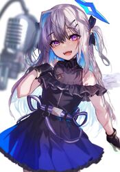  :d akieda amane_kanata amane_kanata_(work) bad_id bad_twitter_id bare_shoulders black_dress black_gloves blue_dress blue_hair blurry blurry_foreground colored_inner_hair cowboy_shot dress female gloves gradient_dress grey_hair hair_between_eyes hair_ornament hairclip halo hololive long_hair looking_at_viewer microphone multicolored_hair official_alternate_costume official_alternate_hair_length official_alternate_hairstyle purple_eyes short_sleeves single_hair_intake smile solo standing star_halo two_side_up virtual_youtuber 