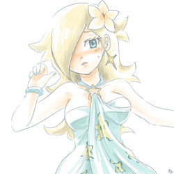  bare_shoulders blonde_hair blue_eyes blush bracelet breasts dress earrings female flower hair_flower hair_ornament hair_over_one_eye highres jewelry long_hair maaruutaa0 mario_(series) mario_kart mario_kart_tour nail_polish official_alternate_costume parted_lips rosalina rosalina_(swimwear) sleeveless sleeveless_dress solo star_(symbol) star_earrings super_star_(mario) swimsuit white_background 