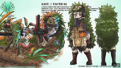  alternate_costume bag black_footwear black_gloves blunt_bangs boots cameo camouflage character_profile combat_boots commentary contemporary female from_behind full_body genshin_impact ghillie_suit gloves green_hair gun hair_between_eyes hat headset holding holding_gun holding_weapon introvert-kun knee_boots leaf leaf_on_head long_sleeves looking_at_viewer lying muji-muji_daruma_(genshin_impact) on_stomach pocket purple_eyes reference_sheet sayu_(genshin_impact) short_hair sidelocks simple_background solo standing tactical_clothes type_96_light_machine_gun weapon 