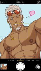  1boy abs aegir_(housamo) anchor_earrings aqua_hair bad_id bad_pixiv_id bara beard blue_eyes dark-skinned_male dark_skin earrings facial_hair fake_phone_screenshot fake_screenshot heart jewelry large_pectorals male_focus mature_male multicolored_hair muscular muscular_male nipples nude one_eye_closed pectorals selfie short_hair single_earring solo stomach streaked_hair sunglasses tachikawa_(hawk_003) tokyo_afterschool_summoners upper_body white_hair 