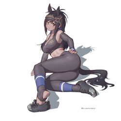  animal_ears arm_support ass bare_shoulders black_hair breasts bridle brown_eyes brown_hair brown_sports_bra brown_thoroughbred_(kemono_friends) cleavage closed_mouth dark-skinned_female dark_skin elbow_gloves extra_ears female fingerless_gloves full_body gloves hand_on_own_hip highres horse_ears horse_girl horse_tail japan_racing_association kemono_friends leggings long_hair looking_at_viewer lumian300 lying medium_breasts multicolored_hair on_side parted_bangs shoes solo sports_bra sportswear stomach tail toeless_legwear twintails two-tone_hair 