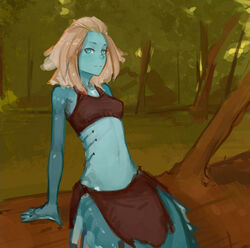  blue_body blue_eyes blue_skin breasts clothed clothing female forest gills grass hair humanoid legless looking_at_viewer lumira_(portals_of_phereon) marine membrane_(anatomy) merfolk navel plant portals_of_phereon reclining small_breasts small_waist solo split_form syvaron tree webbed_hands white_hair 