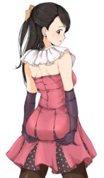  ass_grab ass_support black_gloves black_hair black_pantyhose blue_eyes bow collar commentary cowboy_shot dress earrings elbow_gloves female from_behind gatsby_ssl gem gloves grabbing_own_ass hairbow highres idolmaster idolmaster_cinderella_girls jewelry kurihara_nene long_hair looking_back open_mouth pantyhose pearl_(gemstone) pink_dress pleated_dress polka_dot simple_background solo strapless strapless_dress white_background white_collar 