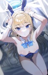  absurdres animal_ears armpits arms_up bare_shoulders blonde_hair blue_archive blue_eyes blue_halo blue_leotard bow bowtie breasts commentary_request covered_navel detached_collar earpiece fake_animal_ears female from_above halo highres jiki_(gkdlfnzo1245) korean_commentary leotard long_hair looking_at_viewer looking_up medium_breasts official_alternate_costume parted_lips playboy_bunny rabbit_ears sitting solo strapless strapless_leotard thigh_gap thighs toki_(blue_archive) toki_(bunny)_(blue_archive) very_long_hair wrist_cuffs 