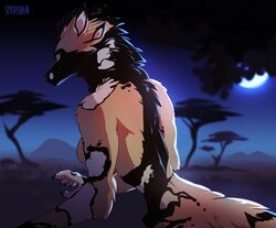  african_wild_dog anthro black_body black_fur breasts brown_body canid canine digital_media_(artwork) female fur looking_at_viewer mammal markings moon night plant smooshkin solo spots spotted_markings tree 