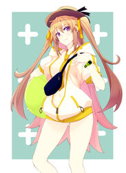  akino_sora ass_visible_through_thighs ball breasts brown_hair brown_hat carrying carrying_under_arm closed_mouth commentary fanny_pack female green_background hair_between_eyes hair_ribbon hat highres hood hood_down hooded_jacket jacket long_hair medium_breasts naked_jacket navel necktie orange_ribbon original puffy_short_sleeves puffy_sleeves purple_eyes ribbon short_sleeves smile solo standing sun_hat two-tone_background two_side_up very_long_hair watch white_background white_jacket wristwatch yellow_necktie 