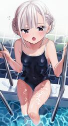  :o black_eyes black_one-piece_swimsuit blush braid breasts chigusa_minori collarbone commentary_request competition_school_swimsuit covered_navel eyelashes female flying_sweatdrops from_above grey_hair highres holding kokoro_iroduku_koi_ga_shitai kurosu_owari legs_together looking_at_viewer looking_up mole mole_under_eye one-piece_swimsuit open_mouth pool pool_ladder poolside school_swimsuit sitting soaking_feet solo swimsuit thighs tile_floor tiles tongue water wet 