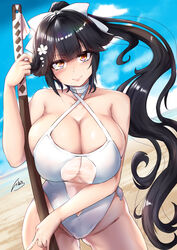  azur_lane bare_shoulders beach black_hair blue_sky bokken bow breasts casual_one-piece_swimsuit choker cleavage clothing_cutout commentary_request criss-cross_halter dutch_angle female flower hair_flower hair_ornament hairbow halterneck highleg highleg_swimsuit ibara_azuki long_hair looking_at_viewer navel_cutout official_alternate_costume one-piece_swimsuit outdoors ponytail red_eyes sand see-through signature sky solo swimsuit sword takao_(azur_lane) takao_(beach_rhapsody)_(azur_lane) very_long_hair weapon white_bow white_choker white_one-piece_swimsuit wooden_sword 