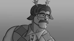  16:9 anthro chad_(meme) deer eyewear facial_hair frizzmake glasses hi_res horn male mammal meme moustache muscular muscular_male solo widescreen 