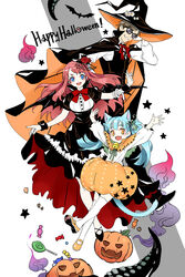  1boy 2girls animal_ears arms_up bell black_cape black_dress black_footwear black_headwear black_vest black_wings blue_eyes blue_hair bow bowtie brown_hair candy cape cat_ears commentary da_huang demon_wings dress dress_shirt english_text flats floating food grin halloween halloween_costume happy_halloween hat highres hoshikawa_lily jack-o&#039;-lantern light_blue_hair long_dress long_sleeves looking_at_viewer mary_janes minamoto_sakura mini_hat mini_top_hat multiple_girls neck_bell neck_ribbon oerba_yun_fang open_mouth orange_cape orange_eyes orange_footwear orange_headwear pink_hair pumpkin_skirt red_bow red_bowtie red_ribbon ribbon shirt shoes short_hair short_sleeves skin_fang skirt_hold smile sunglasses symbol-only_commentary tatsumi_koutarou thighhighs tilted_headwear top_hat twintails two-sided_cape two-sided_fabric two-sided_headwear two-sided_skirt vest white_background white_legwear white_shirt wings witch_hat wrist_cuffs zombie_land_saga 